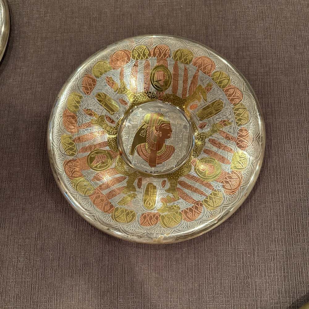 Vintage Egyptian Scene Metal Copper Silver Tone Hanging Plate Plaque